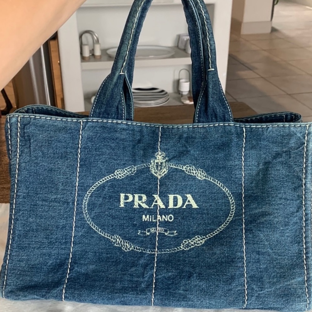 New prada large denim canapa tote